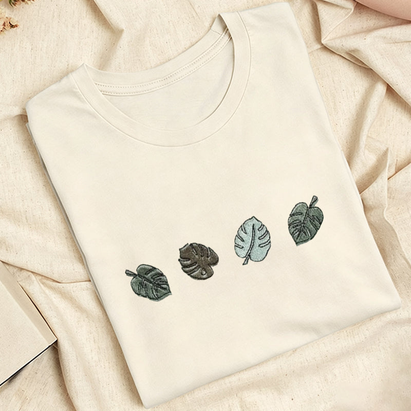 Embroidered Monstera Plant Classic Adult Unisex Crew Neck T-Shirt