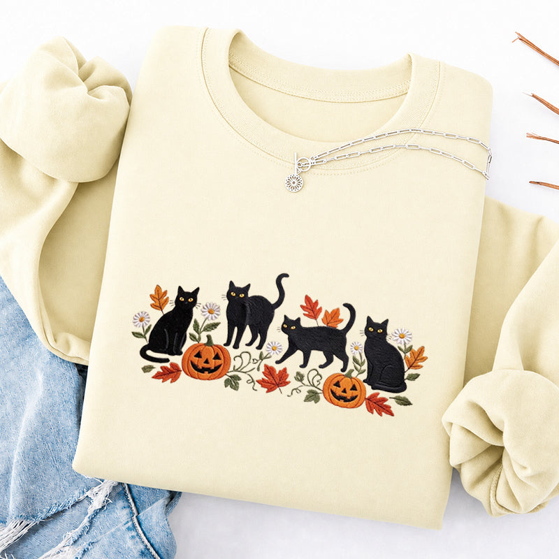 Embroidered Halloween Black Cat Pumpkins Classic Crewneck Sweatshirt