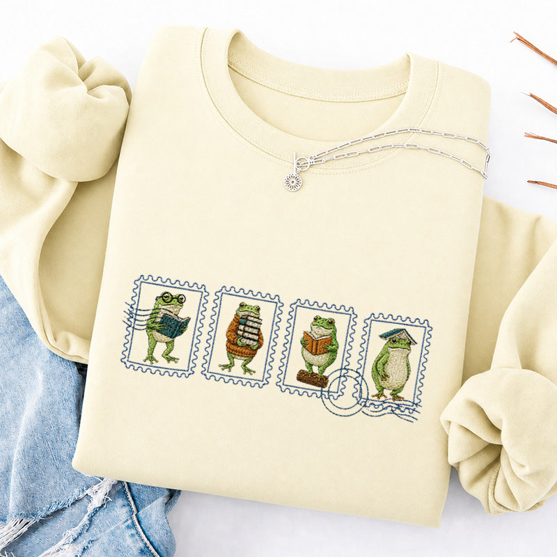 Embroidered Bookish Frog Stamp Classic Crewneck Sweatshirt