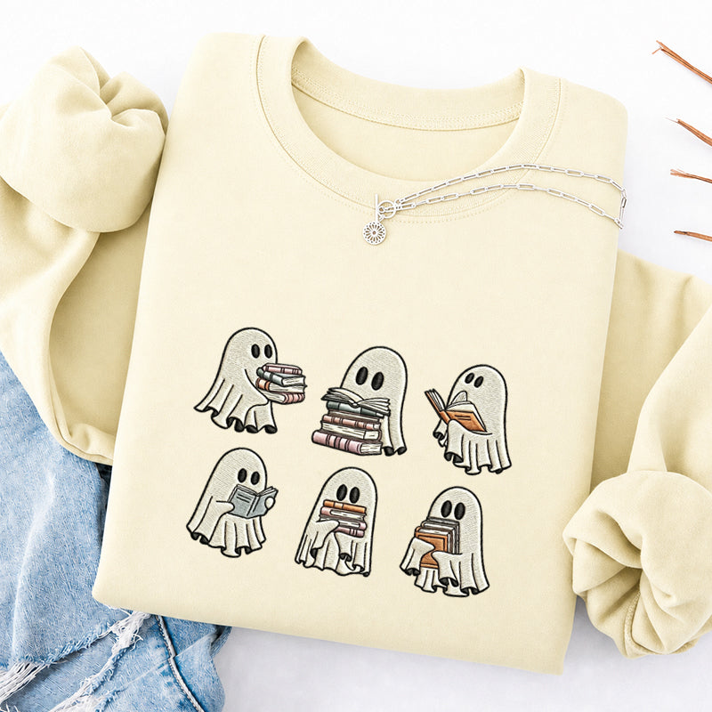 Embroidered Halloween Ghost Reading Classic Crewneck Sweatshirt