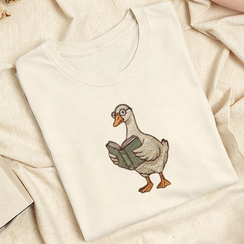 Embroidered Reading Goose Classic Adult Unisex Crew Neck T-Shirt