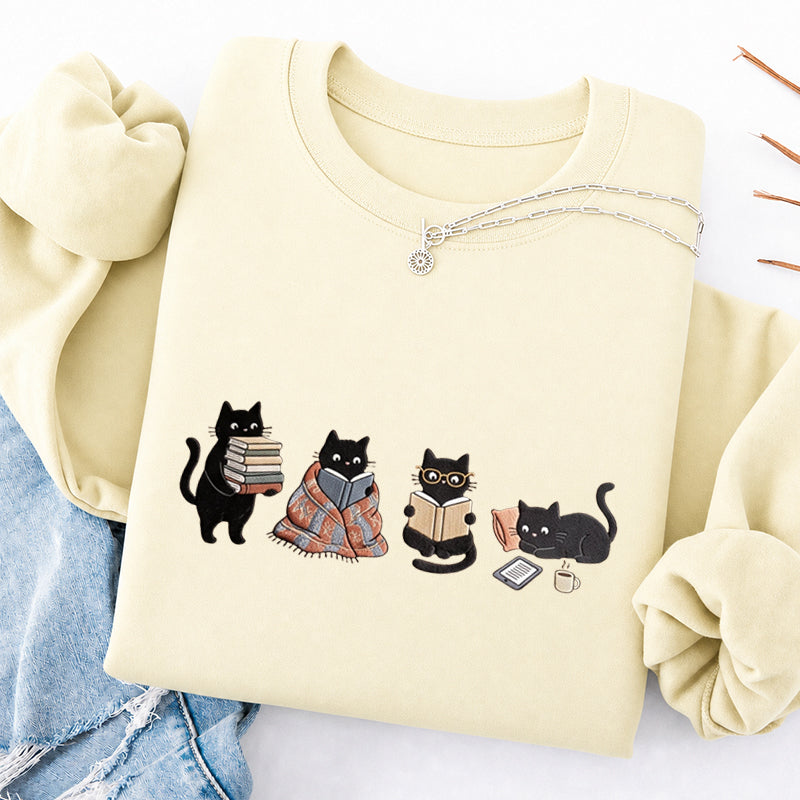 Embroidered Bookish Black Cats Classic Crewneck Sweatshirt