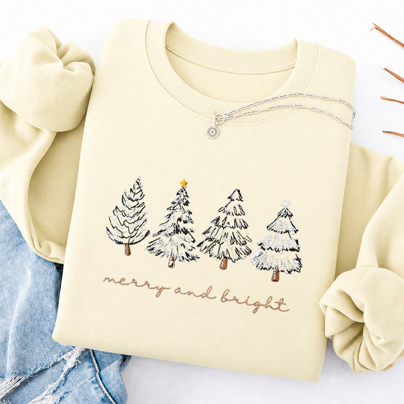 Embroidered Merry & Bright Christmas Tree Classic Crewneck Sweatshirt