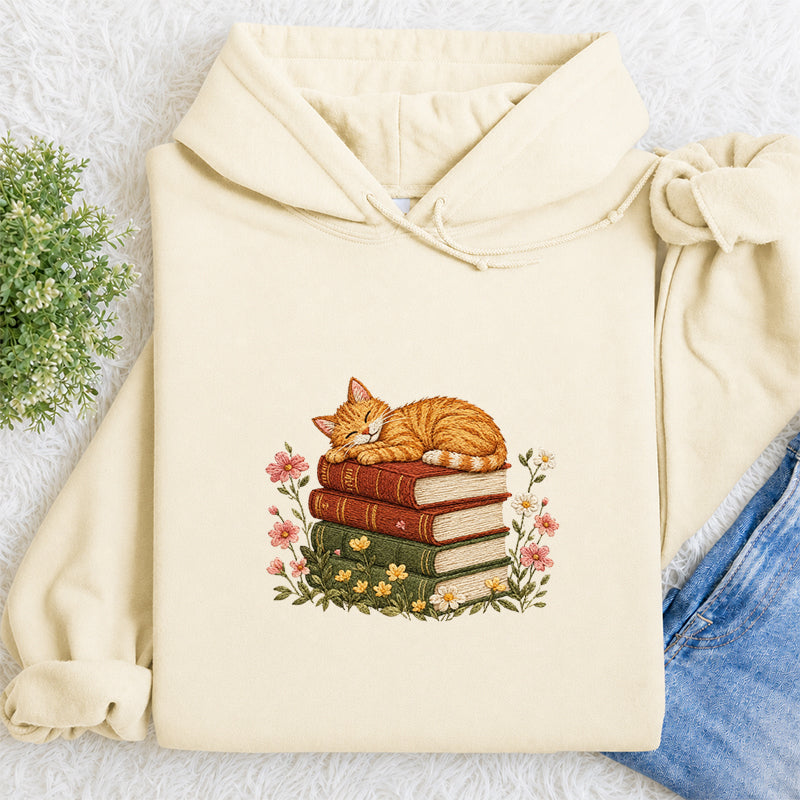 Embroidered Cat Sleeping On Books Classic Adult Unisex Hoodie