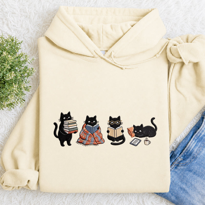 Embroidered Bookish Black Cats Classic Adult Unisex Hoodie
