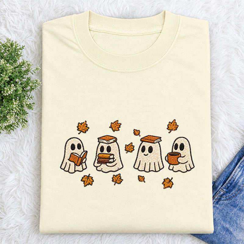 Embroidered Autumn Bookish Ghost Classic Crew Neck T-Shirt