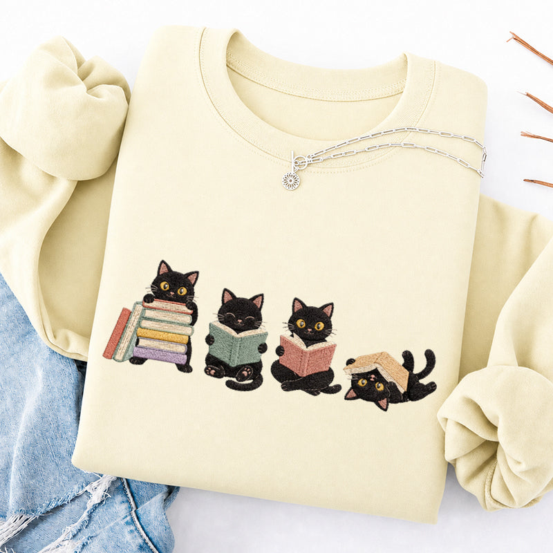 Embroidered Cat Reading Classic Crewneck Sweatshirt