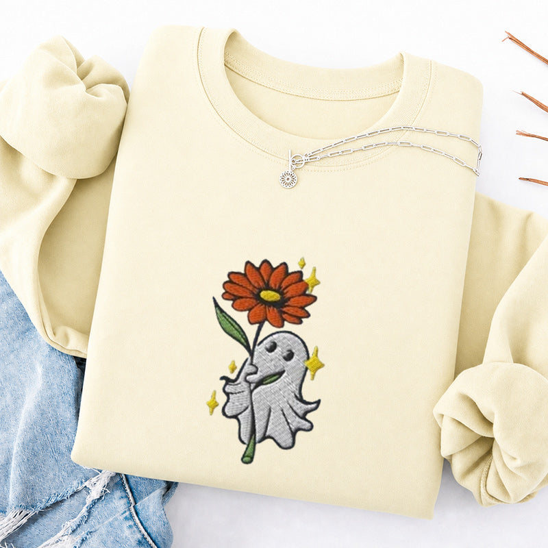 Embroidered Ghost Holding a Flower Classic Crewneck Sweatshirt