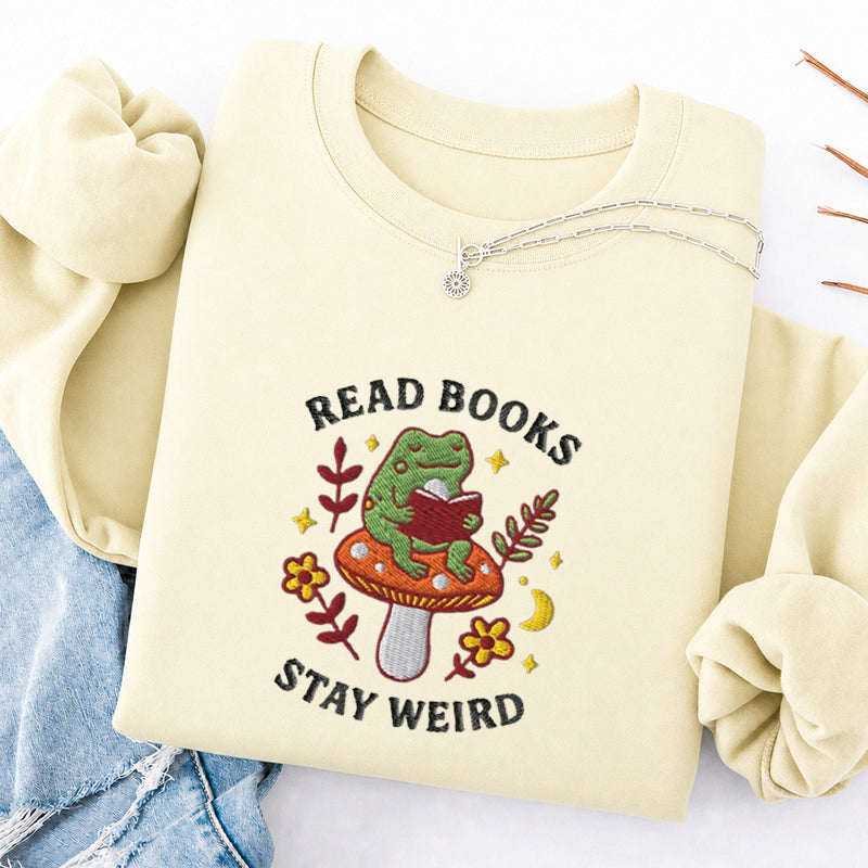 Embroidered Read Books Stay Weird Reading Frog Classic Crewneck Sweatshirt