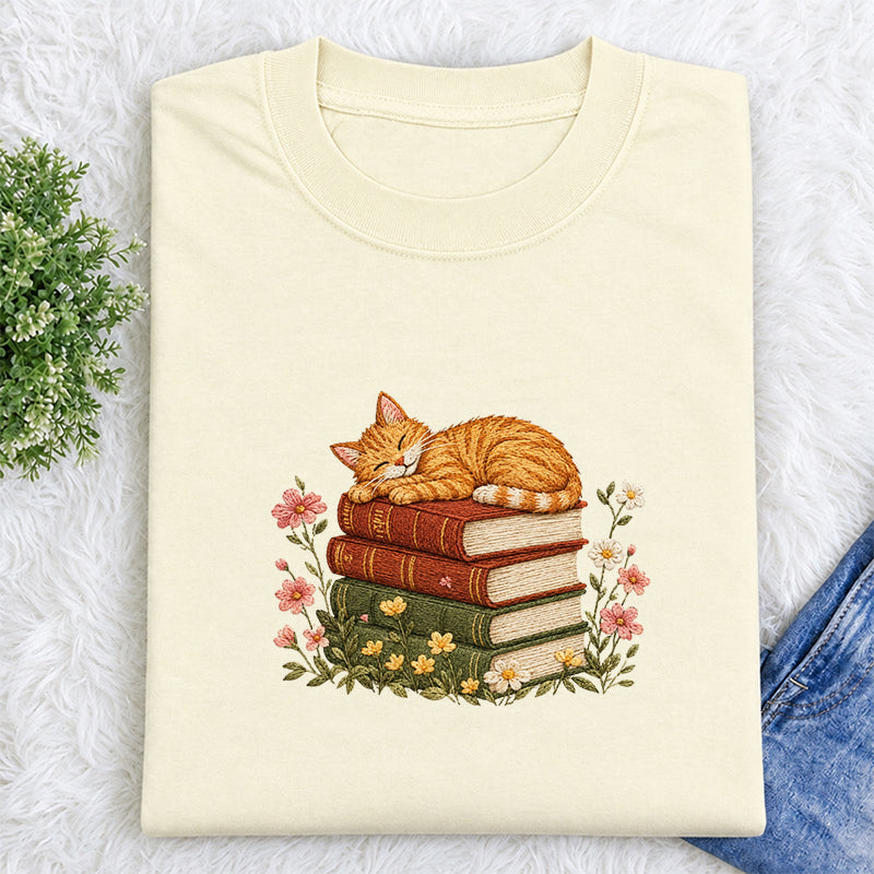 Embroidered Cat Sleeping On Books Classic Crew Neck T-Shirt