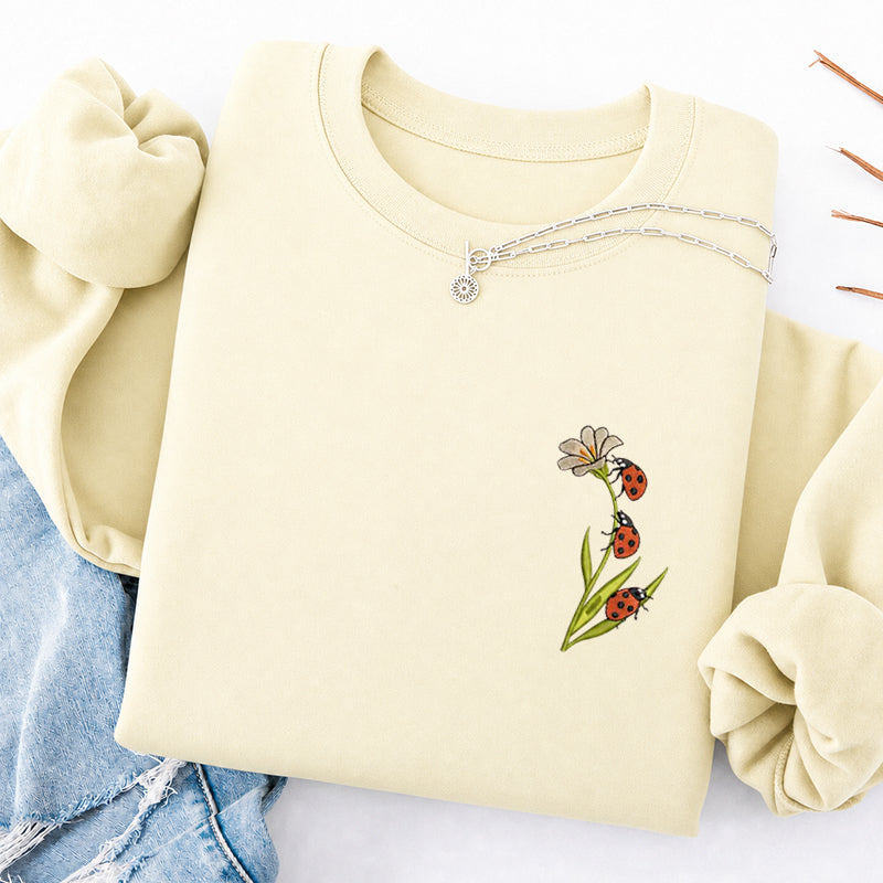 Embroidered Ladybug & Daisy Classic Crewneck Sweatshirt