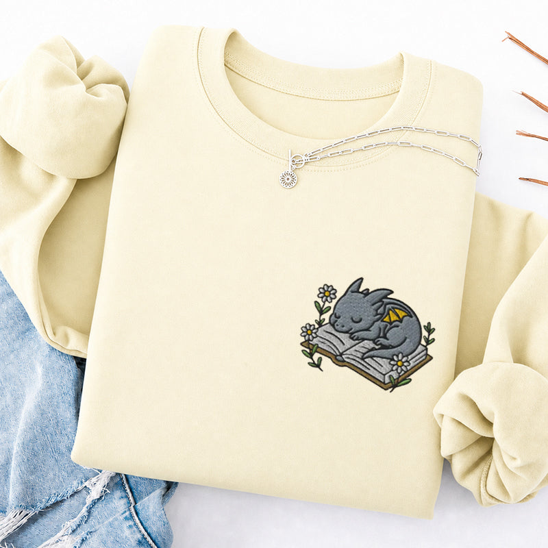 Embroidered Sleeping Dragon Book Classic Crewneck Sweatshirt