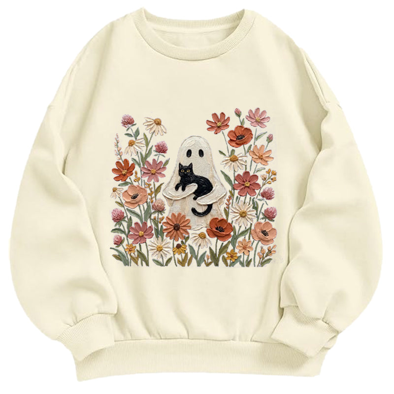 Ghost with Black Cat Floral Classic Adult Unisex Crewneck Sweatshirts