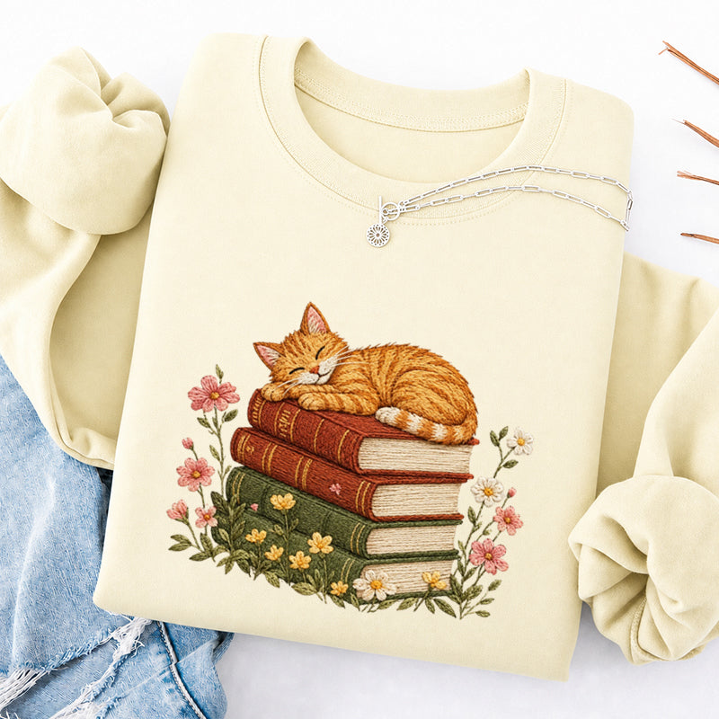 Embroidered Cat Sleeping On Books Classic Crewneck Sweatshirt