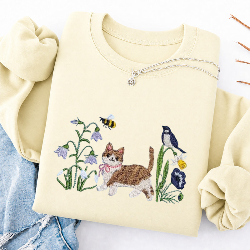 Embroidered Cat Wildflower Classic Crewneck Sweatshirt