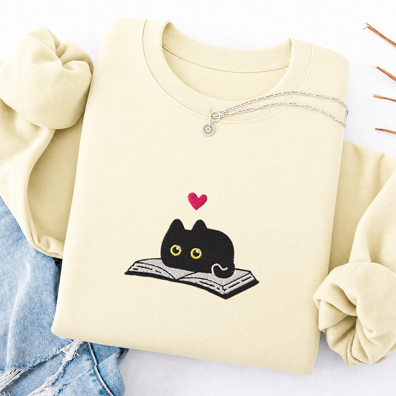 Embroidered Black Cat And Book Classic Crewneck Sweatshirt