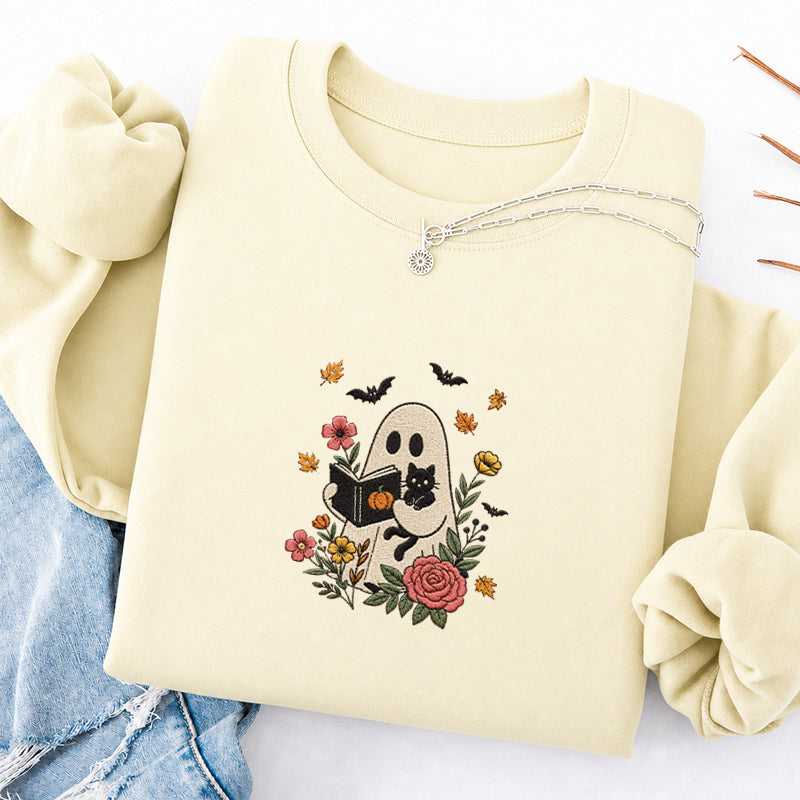 Embroidered Floral Ghost Reading Classic Crewneck Sweatshirt