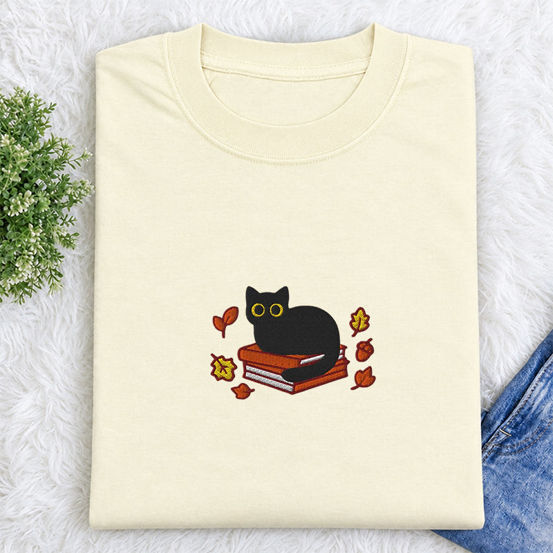 Embroidered Autumn Black Cat Book Classic Crew Neck T-Shirt