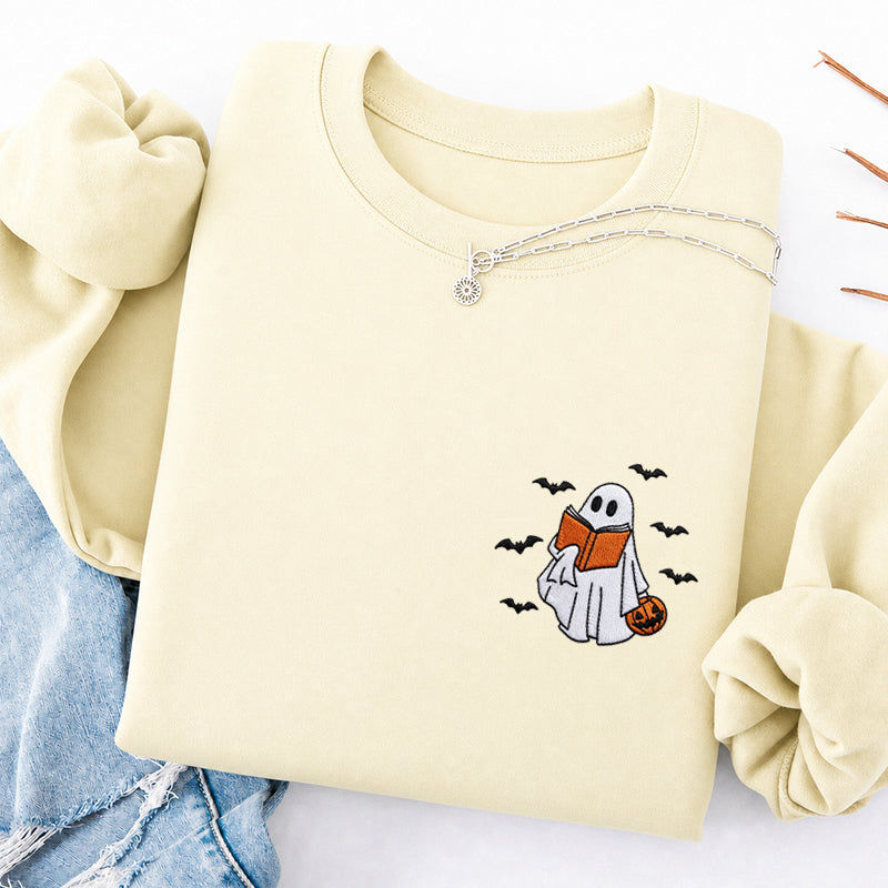 Embroidered Halloween Reading Ghost Classic Crewneck Sweatshirt
