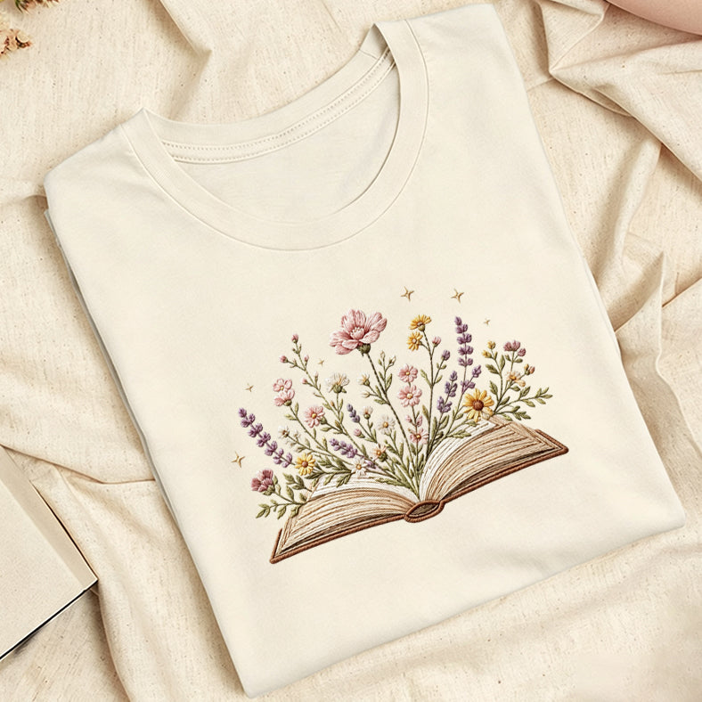 Embroidered Floral Book Classic Adult Unisex Crew Neck T-Shirt