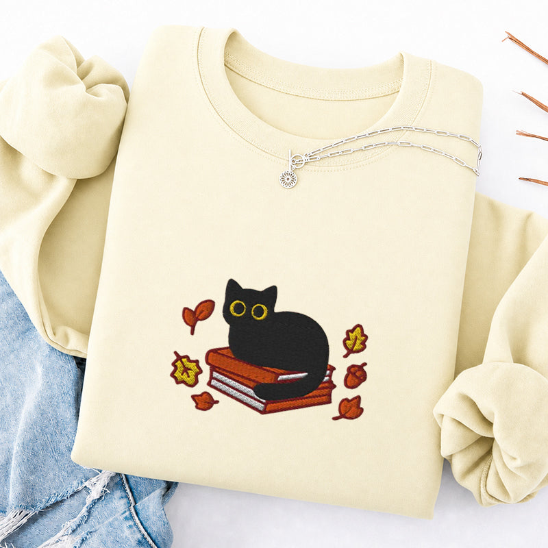 Embroidered Autumn Black Cat Book Classic Crewneck Sweatshirt