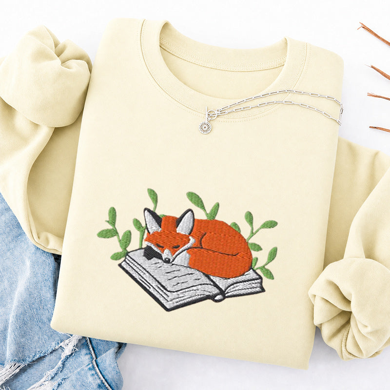 Embroidered Sleeping Fox On The Book Classic Crewneck Sweatshirt