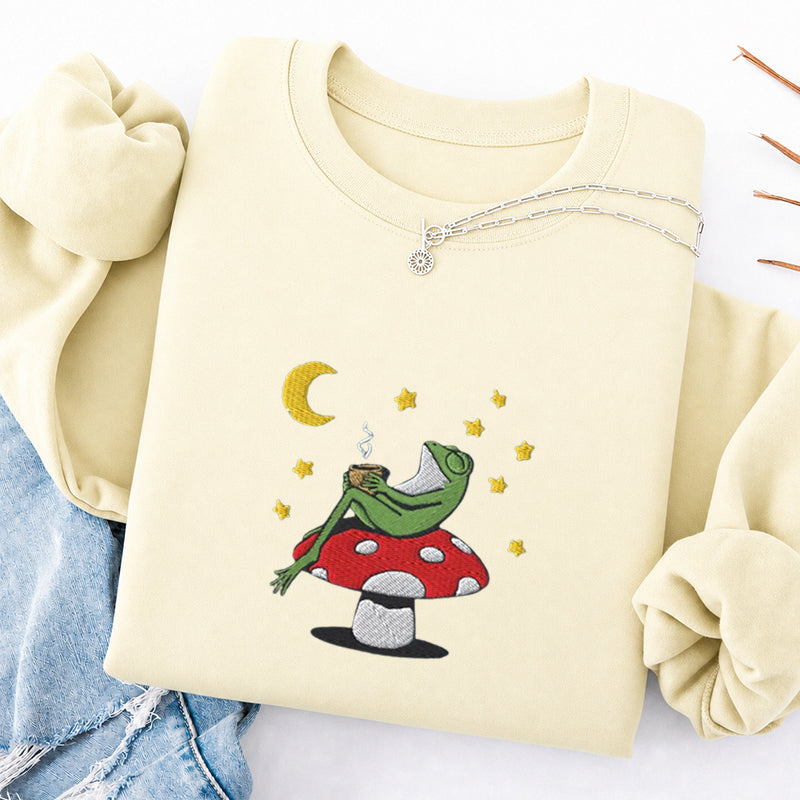 Embroidered Frog Night With Coffee Classic Crewneck Sweatshirt