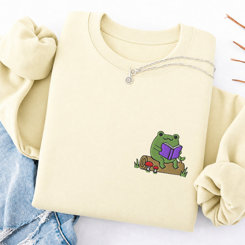 Embroidered Cute Reading Frog Classic Crewneck Sweatshirt