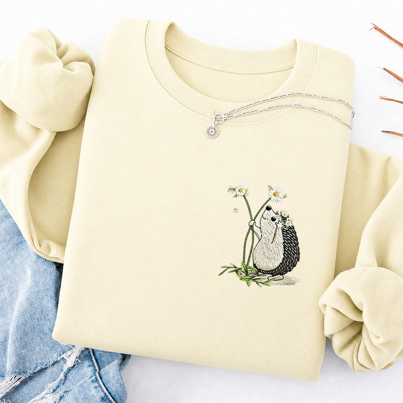 Embroidered Hedgehog Daisy Classic Crewneck Sweatshirt