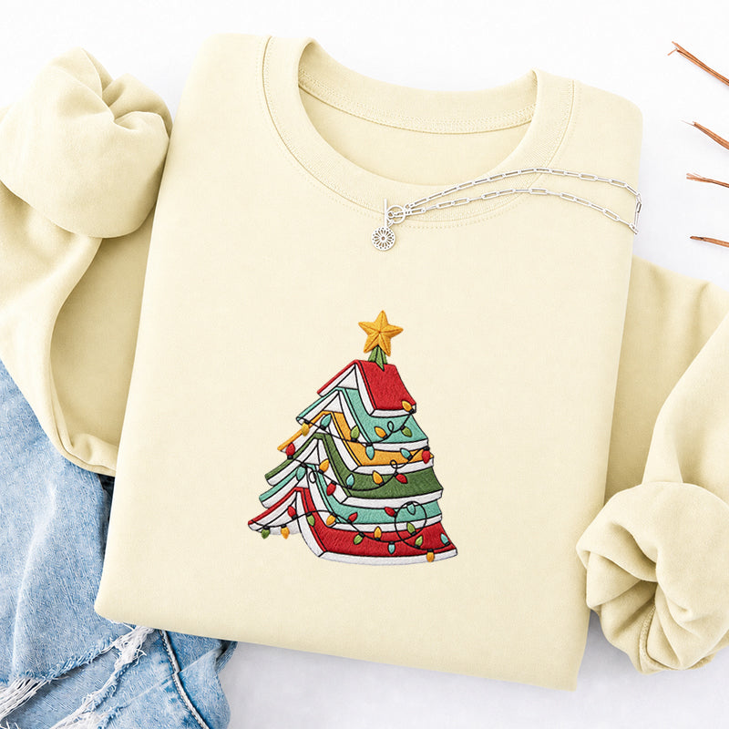 Embroidered Book Christmas Tree Classic Crewneck Sweatshirt