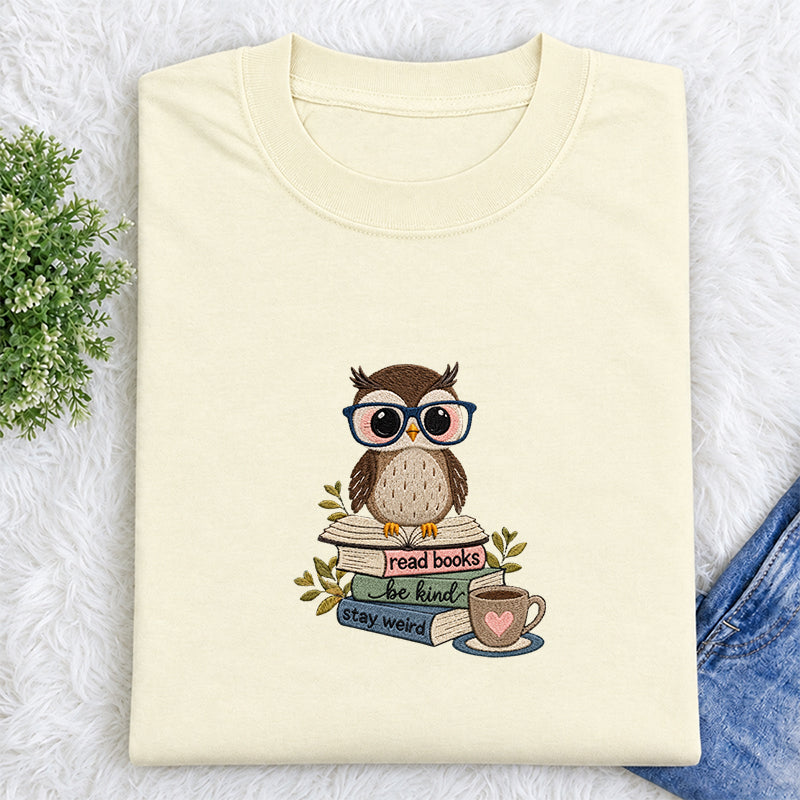 Embroidered Read Books Be Kind Owl Classic Crew Neck T-Shirt