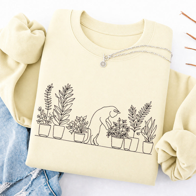 Embroidered Cat and Plant Lover Classic Crewneck Sweatshirt