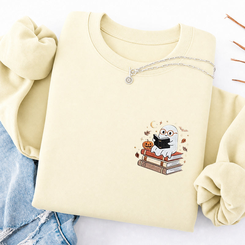 Embroidered Ghost Reading Books Classic Crewneck Sweatshirt