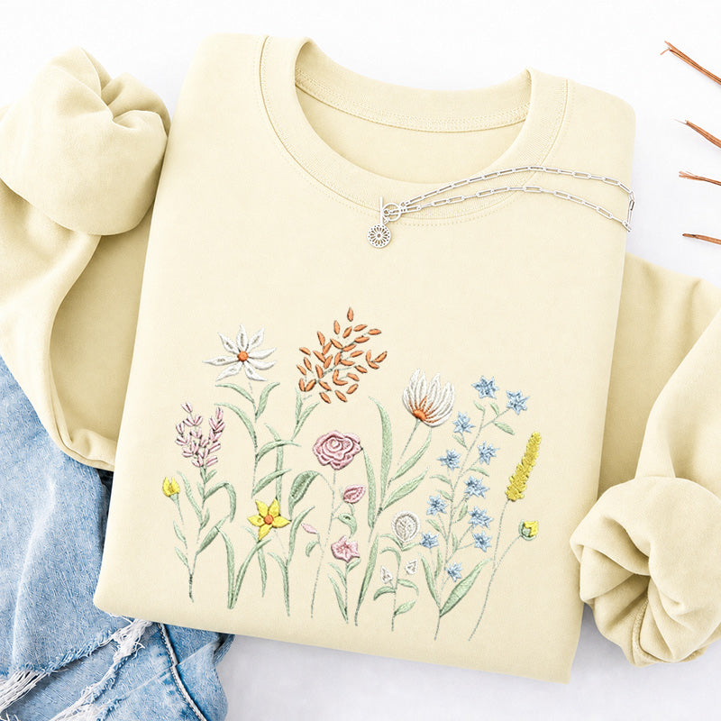 Embroidered Cute Wildflowers Classic Crewneck Sweatshirt