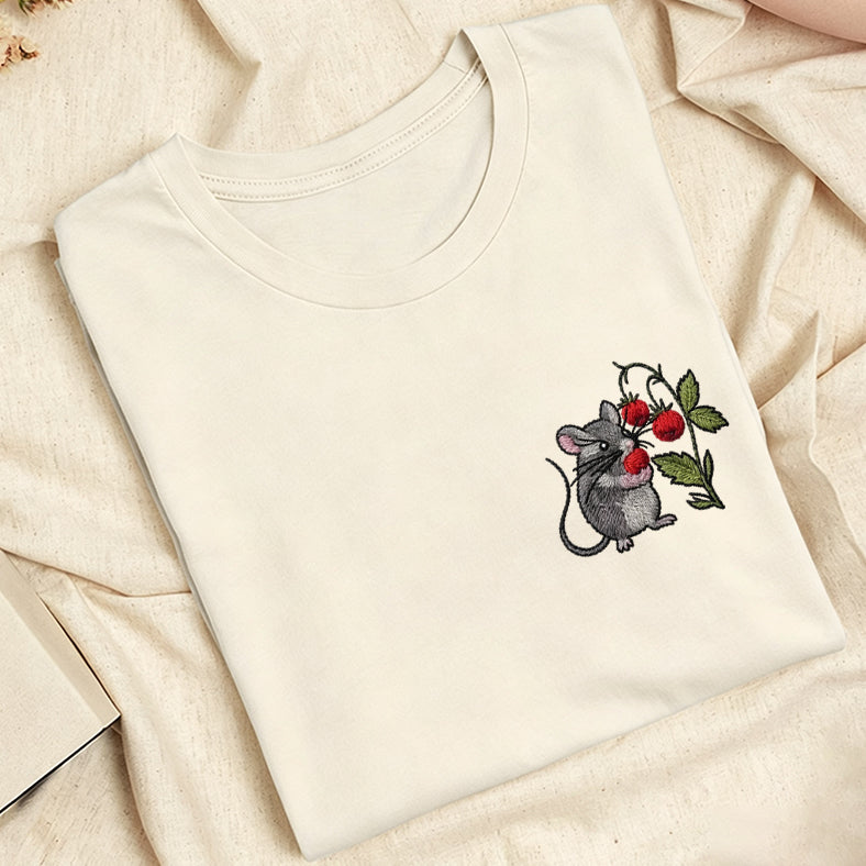 Embroidered Cottagecore Mouse Classic Adult Unisex Crew Neck T-Shirt