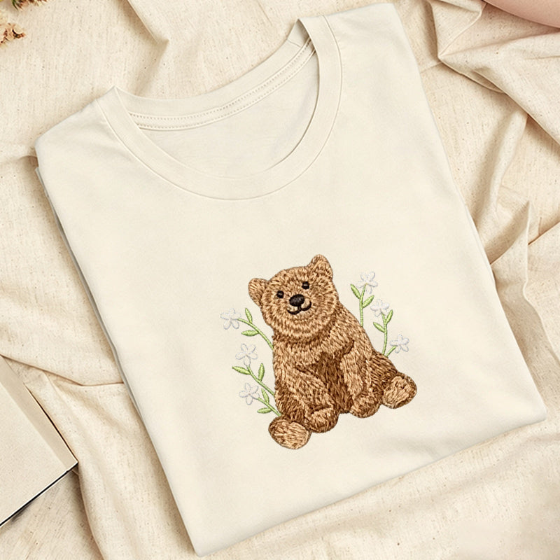 Embroidered Floral Bear Classic Adult Unisex Crew Neck T-Shirt