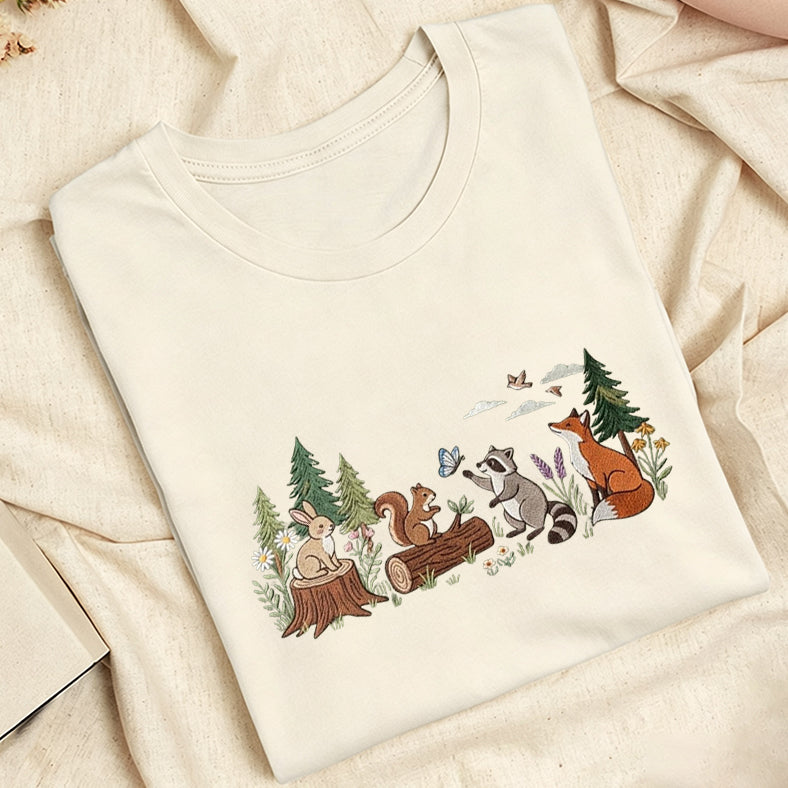 Embroidered Woodland Animals Classic Adult Unisex Crew Neck T-Shirt