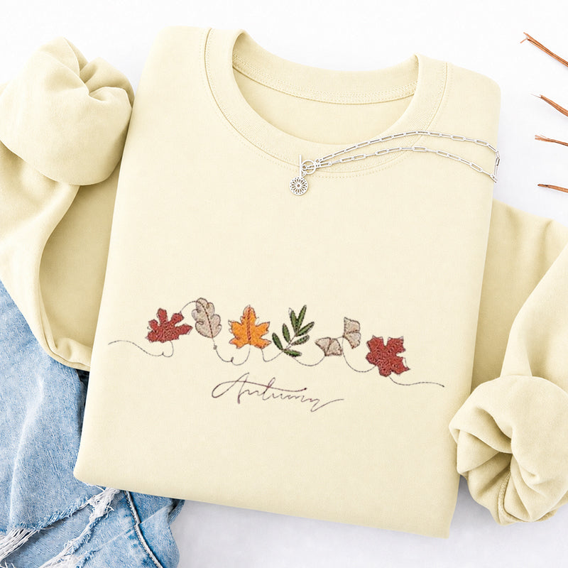 Embroidered Autumn Leaves Classic Crewneck Sweatshirt