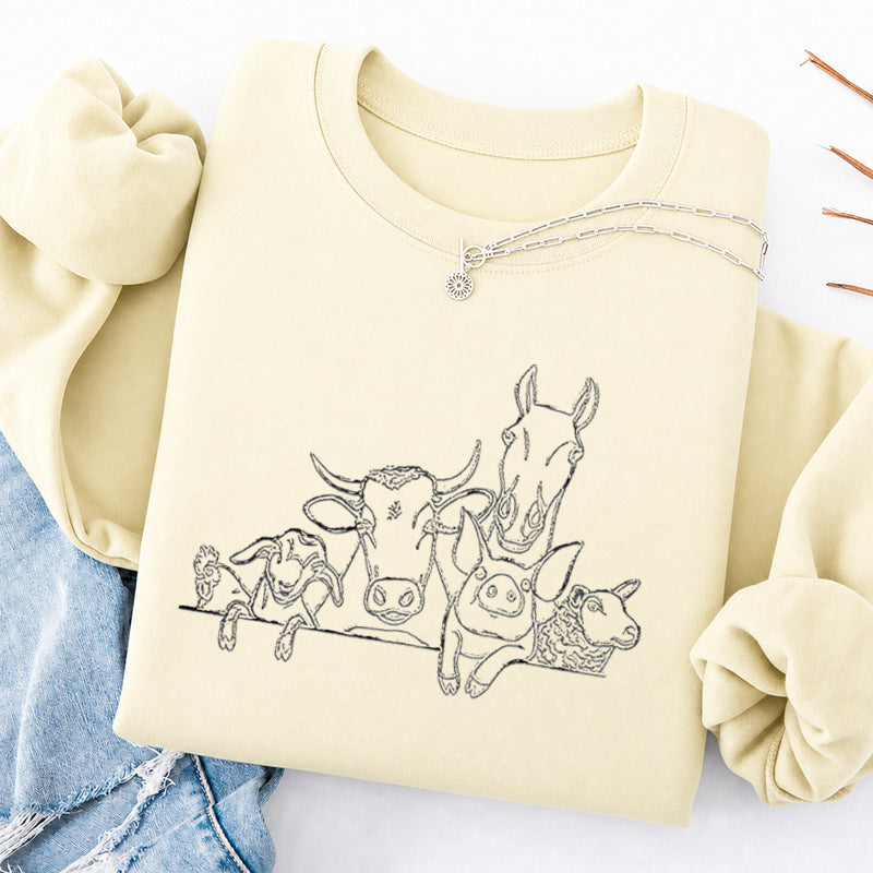 Embroidered Horse Cow Pig Farm Animals Classic Crewneck Sweatshirt