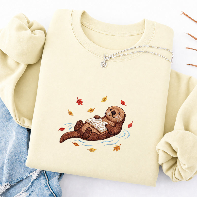 Embroidered Otter Reading Book Classic Crewneck Sweatshirt