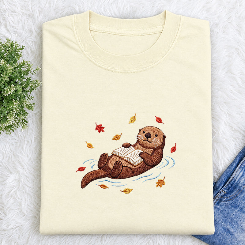 Embroidered Otter Reading Book Classic Crew Neck T-Shirt