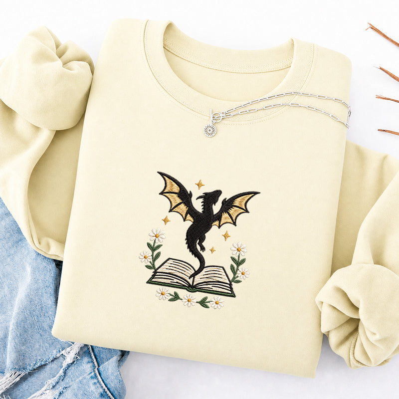 Embroidered Dragon Floral Book Classic Crewneck Sweatshirt