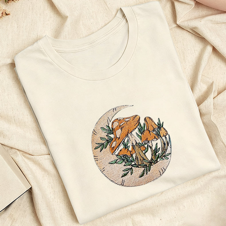 Embroidered Mushroom Moon Classic Adult Unisex Crew Neck T-Shirt