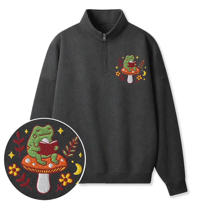 Embroidered Bookish Frog Classic Quarter Zip Sweatshirt