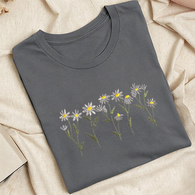 Embroidered Daisy Classic Adult Unisex Crew Neck T-Shirt