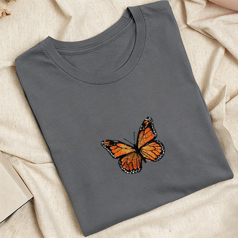Embroidered Monarch Butterfly Classic Adult Unisex Crew Neck T-Shirt