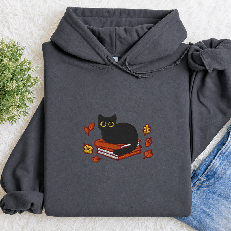 Embroidered Autumn Black Cat Book Classic Adult Unisex Hoodie