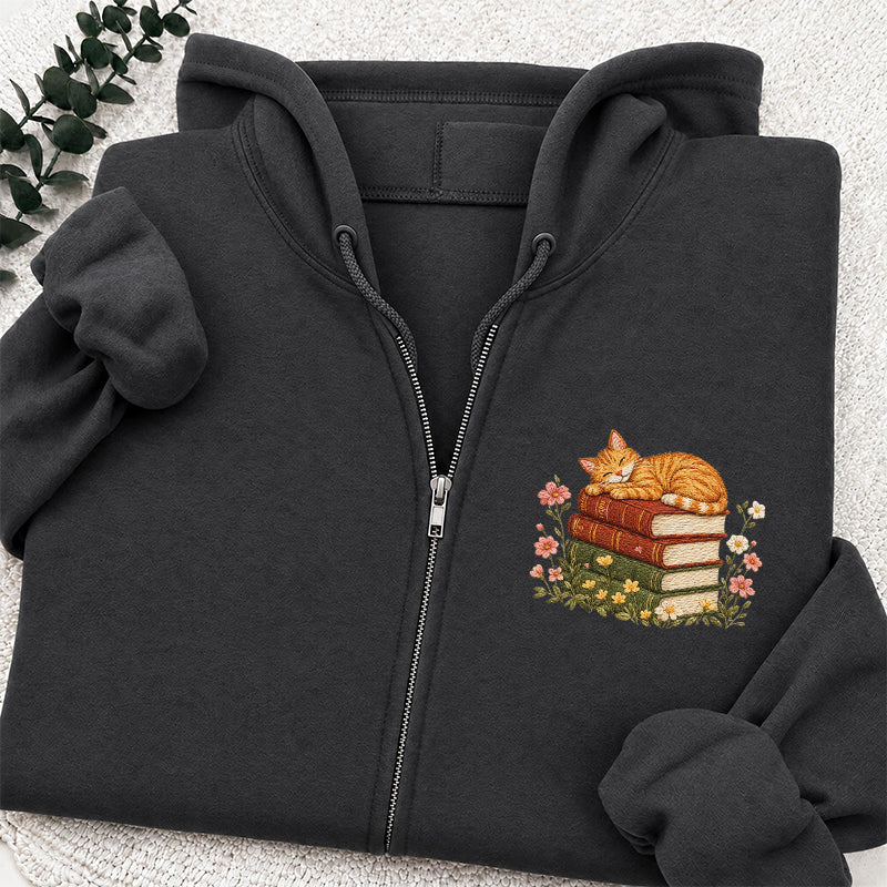 Embroidered Cat Sleeping On Books Classic Full Zip Hoodie