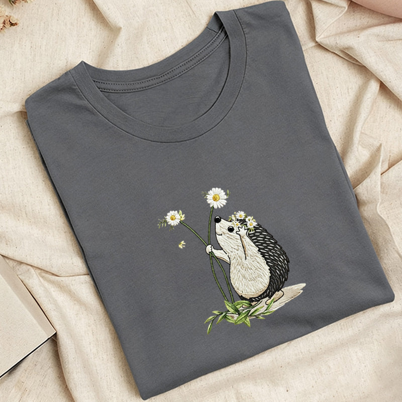 Embroidered Hedgehog Daisy Classic Adult Unisex Crew Neck T-Shirt