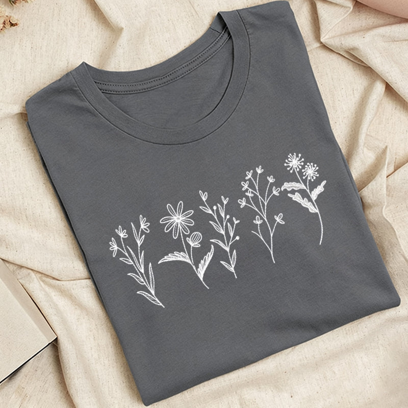 Embroidered Flower Lines Classic Adult Unisex Crew Neck T-Shirt